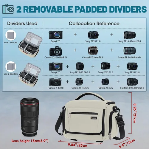 Vista 4 de RAINSMORE - Bolsa para cámara, estuche para cámara SLR/DSLR/sin espejo con divisor, soporte para trípode, bolsa cruzada impermeable digital