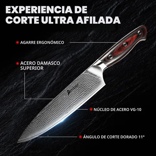 Vista 2 de Ambertronix Cuchillo de chef profesional de Damasco de 8 pulgadas, cuchillos de cocina hechos de acero inoxidable japonés VG-10 con patrón único