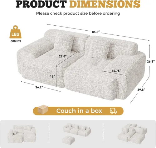 Vista 2 de Sofá biplaza Cloud de 85 pulgadas en una caja, moderno sofá pequeño no requiere montaje, cómodos sillones de asiento profundo sin estructura