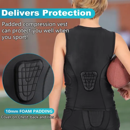 Vista 6 de TUOY Camisa acolchada sin mangas con protector de esternón en el pecho, protector de corazón, camisa protectora de compresión para fútbol, béisbol