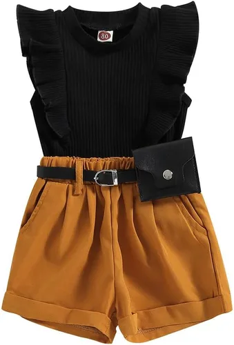 Vista 189 de TheFound Trajes de verano para niñas pequeñas, sin mangas, de punto acanalado, halter, pantalones cortos, ropa para recién nacidos, conjunto de 3