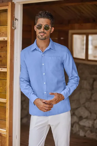 Vista 47 de COOFANDY Camisa Oxford de manga larga con botones para hombre, camisas de vestir de ajuste regular