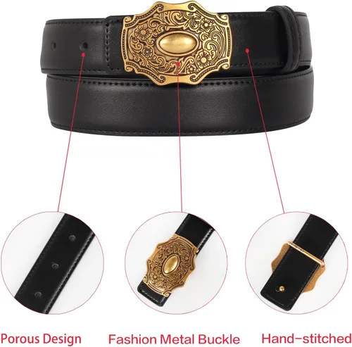 Vista 254 de Cinturón de cuero clásico con hebilla de metal para mujer con vestido de jeans