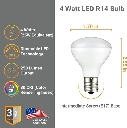 Vista 2 de Bombilla LED R14 Mini Reflector Reflector 4W (equivalente a 25W) 3000K Blanco Suave 250 Lumen E17 Base Intermedia Bombillas cortas Regulables