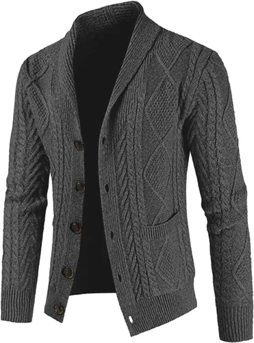 Vista 2 de JMIERR Suéter casual de manga larga con cuello de chal y botones para hombre con bolsillos