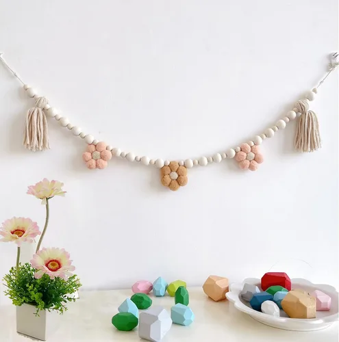 Vista 3 de 1 guirnalda de borlas bohemias con cuentas de madera, guirnalda de borlas de madera de margaritas para decoración de pared de granja, aula