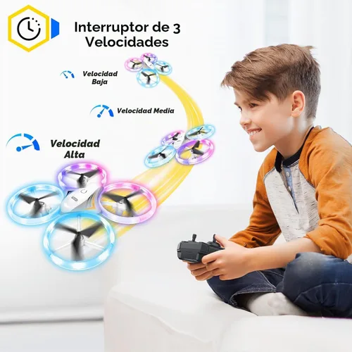 Vista 2 de Drones para niños, dron RC con luces LED frescas, mini control remoto, para interiores y exteriores, cuadricóptero RC con giro 3D y 2