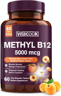Vitamina B12 sublingual, metilcobalamina 5000mcg para la producción de energía | Energía, apoyo nervioso y celular, sabor natural a melocotón,