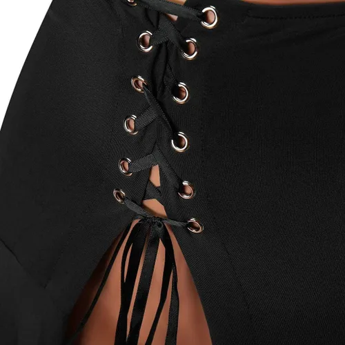 Vista 8 de SHOPESSA Disfraz de Halloween para mujer, pirata, gótico, punk, falda sexy, falda renacentista, corsé medieval, vestido corto