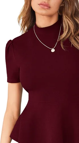 Vista 4 de SweatyRocks Elegante blusa de manga corta con cuello alto y péplum elástica para mujer