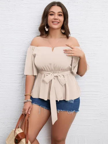 Vista 3 de SCOMCHIC Blusa peplum con hombros descubiertos para mujer, talla grande, media manga acampanada, cintura con lazo en la cintura, dobladillo
