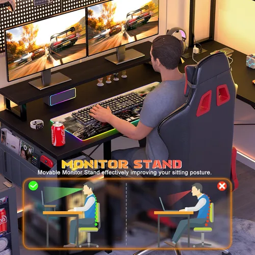 Vista 5 de Aheaplus Escritorio pequeño en forma de L para gaming con luces LED y tomas de corriente, escritorio reversible en forma de L para computadora