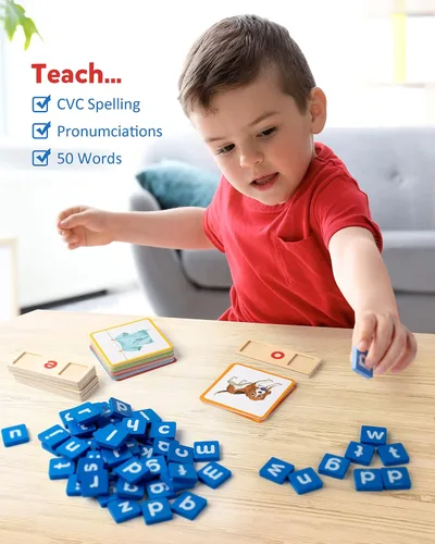 Vista 4 de Coogam - Juguete educativo Montessori, cartas didácticas de clasificación de letras de lectura de vocales cortas, rompecabezas del alfabeto, juego