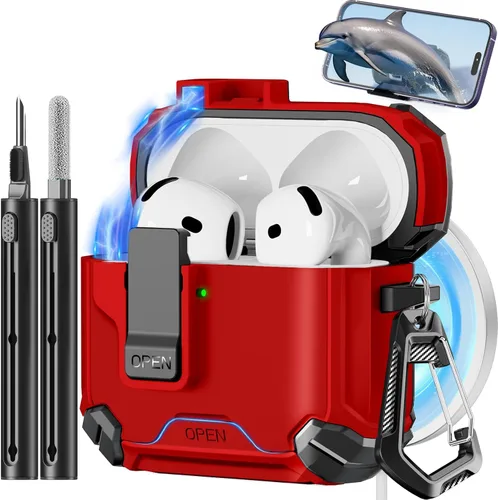 Vista 23 de Pohgelan - Funda compatible con AirPods Pro 2ª/1ª (verde) Cerradura magnética automática con kit de limpieza, compatible con Magsafe