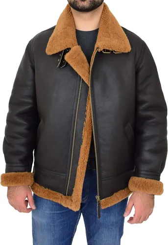 Vista 7 de Chaqueta voladora de piel de oveja real para hombre, con capucha, color marrón, pelirroja, piloto B3, aviador, bombardero Hawker