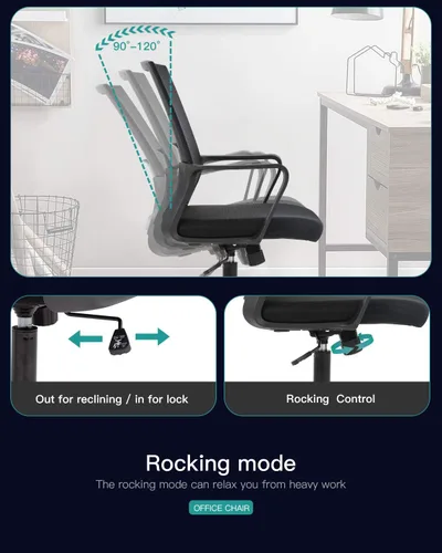 Vista 4 de Silla de oficina ergonómica de escritorio, silla de computadora con respaldo medio, reposabrazos de soporte lumbar, silla de malla transpirable