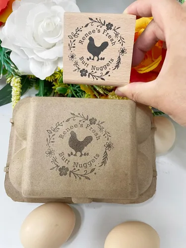 Vista 2 de Sello de cartón de huevos Sellos personalizados de cartón de huevos Sello de huevos de gallina Sello de goma de madera personalizado