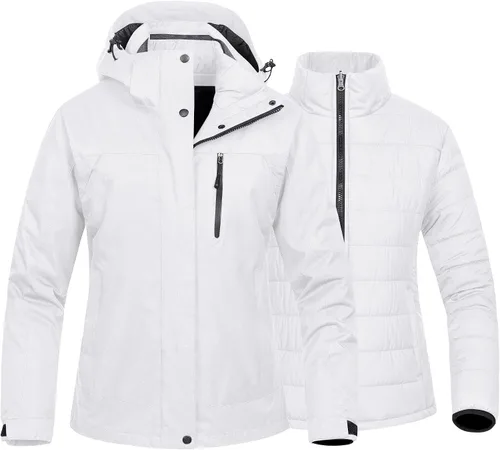 Vista 15 de CREATMO US Chaqueta de esquí impermeable 3 en 1 para mujer, resistente al viento, chaqueta de snowboard cálida para invierno