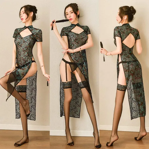 Vista 7 de Señoras cosplay sexy encaje cheongsam ropa interior chino clásico hebilla correas hueco camisón