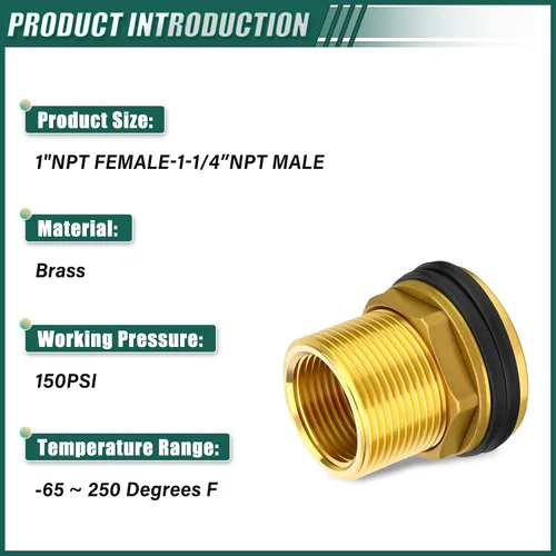 Vista 3 de 1 conector de tanque de agua de latón, 1 pulgada NPT hembra 1-1/4 pulgadas NPT macho, adaptador de tanque de mamparo, con anillo de goma