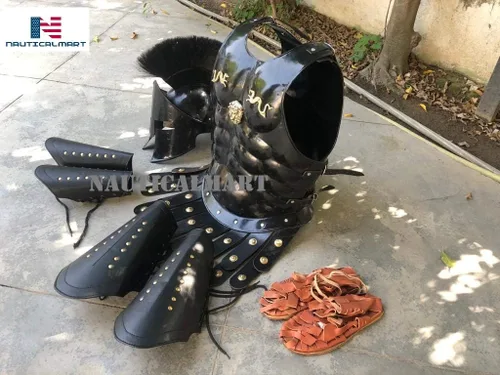 Vista 2 de Nautical-Mart - Conjunto de coronas de armadura muscular negra con casco, pierna y brazo guardia medieval de Halloween