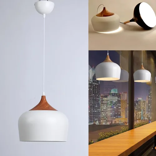 Vista 7 de SUNLLOK Lámpara colgante blanca moderna, con patrón de madera, cúpula minimalista hacia abajo, lámpara colgante de techo, lámpara industrial