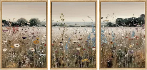 Vista 119 de SIGNWIN Lienzo enmarcado para pared, juego de arte de campos pastorales, flores silvestres, campo rústico, paisaje, floral, ilustraciones modernas