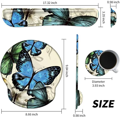 Vista 2 de Reposamuñecas para teclado de computadora y alfombrilla de mouse con gel de soporte de muñeca, alfombrilla de mouse ergonómica de mariposa azul