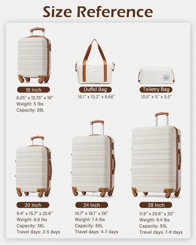 Vista 9 de LONG VACATION - Set de 4 maletas para equipaje de mano, de plástico duro ABS, con candado TSA y ruedas, Blanco (White-Brown), 20 pulg.