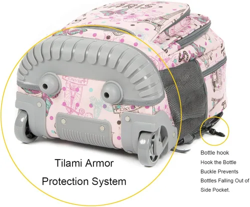 Vista 4 de Tilami Mochila con ruedas de 18 pulgadas con estuche escolar para niños y niñas, Caballo rosa, Computadora portátil