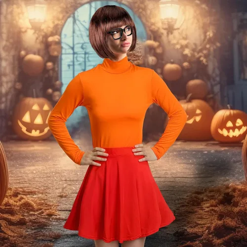 Vista 7 de Hercicy Disfraz naranja de Halloween para adultos, peluca estilo Bob, cuello alto, falda patinadora, gafas y calcetines para mujer, cosplay