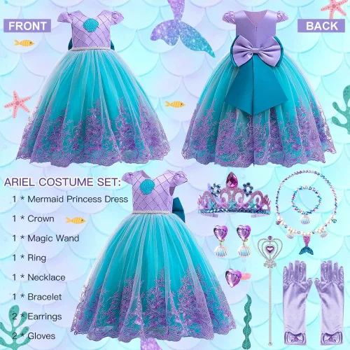 Vista 3 de TOLOYE Disfraces de princesa para niñas, ropa de vestir de princesa con accesorios para fiesta de cumpleaños, Halloween, cosplay