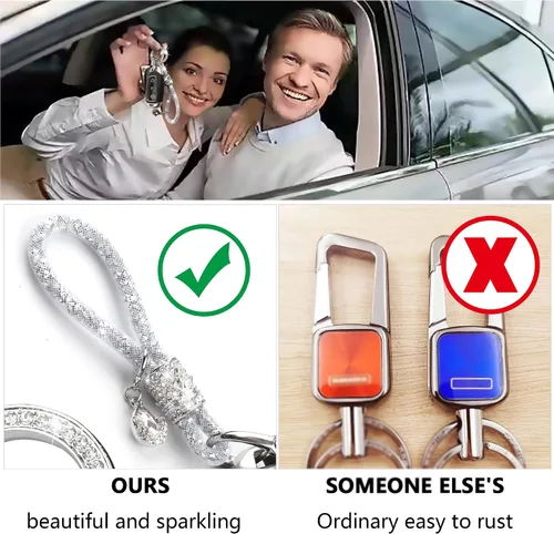 Vista 6 de Llavero de automóvil para mujer llavero de accesorios con diamantes de imitación brillantes llavero de automóvil de moda con purpurina blanco y rosa