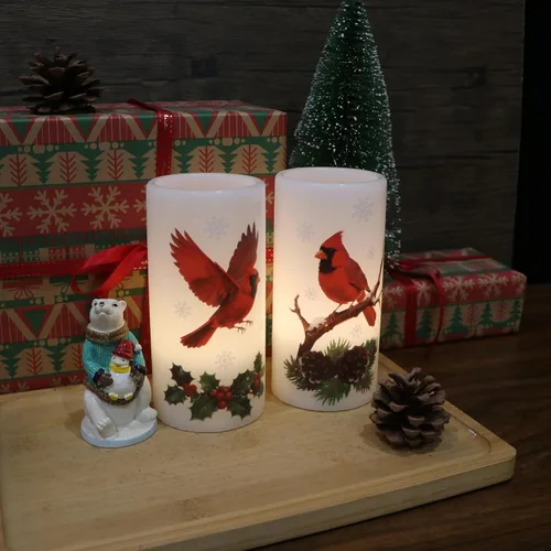Vista 5 de Velas sin llama de cardenal de Navidad en pilar con control remoto y temporizador, velas LED en portavelas de cera real, vela operada por batería