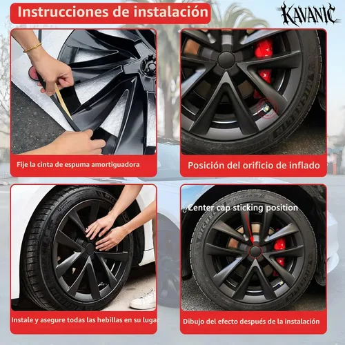 Vista 3 de KAVANIC 4 piezas de tapacubos para Tesla Model 3, cubiertas de rueda de 18 pulgadas, tapa de rueda mate negra con logotipo de estilo arácnido
