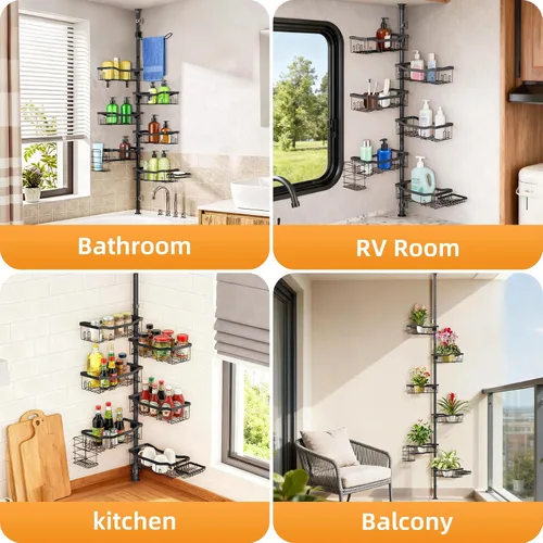 Vista 7 de Estante organizador de ducha con barra de tensión de 6 niveles, estante organizador de baño, soporte ajustable para champú y bañera con toallero, 2