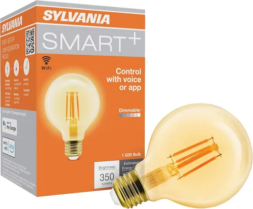 Vista 19 de Sylvania WiFi LED Smart ST19 RGBW - Bombilla de filamento de color y acabado ámbar, 7 W eficiente, para Alexa/Google Assistant, 2000 K, no requiere