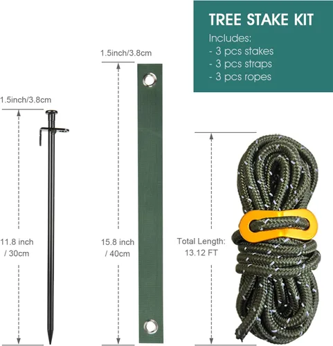 Vista 4 de Estacas y soportes para árboles, kit de estacas para árbol con correas para árboles y cuerda en patio al aire libre, 3 piezas de estabilizador