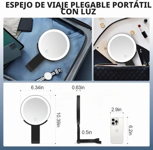 Vista 5 de Espejo de maquillaje iluminado, espejo de aumento 30X con luz, espejo colgante y de mano con asa, negro