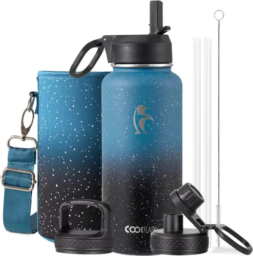 Vista 11 de Coolflask Botella de agua de 20 onzas aislada con pajilla, 3 tapas de metal de acero inoxidable, botella de agua de boca ancha para deportes u