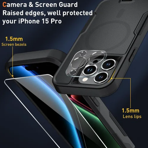 Vista 5 de Xmon Funda magnética para iPhone 15 Pro [probada contra caídas de grado militar y con MagSafe] Protector de pantalla de vidrio templado con lente