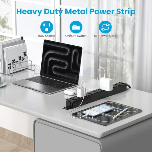 Vista 3 de HHSOET Regleta de alimentación de metal con montaje giratorio de 360°, tira de alimentación montada en mesa para juegos con 8 tomas, protector