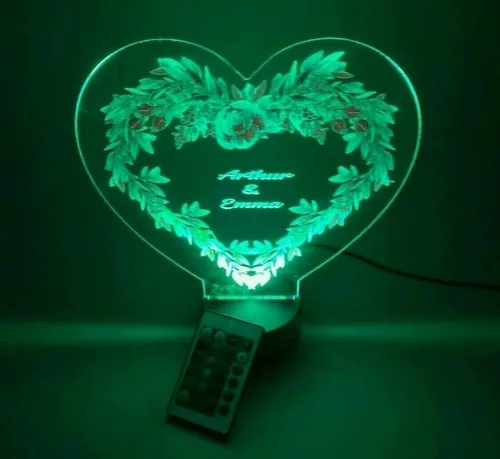 Vista 5 de MIRROR MANIA Heart with Flowers UV Printed Couples Night Light Up Table Lamp LED Personalized Free Engraved Names Dates Words Made to Order Custom