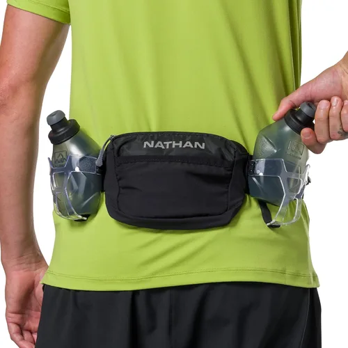 Vista 4 de Nathan Cinturón de hidratación con frascos, bolsillos de almacenamiento, Trail Mix Plus, cinturón para botella de agua para correr, aislado, Negro