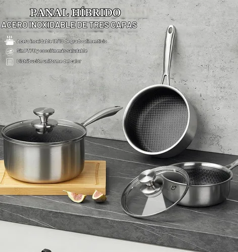 Vista 8 de KOCH SYSTEME CS Juego de cacerolas híbridas antiadherentes de acero inoxidable, 1QT y 2QT Juego de cacerolas de acero inoxidable triple capa