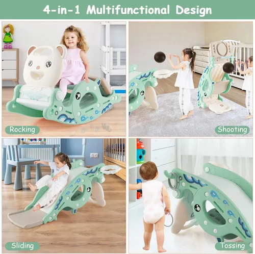 Vista 4 de Costzon - Juguetes de deslizamiento para niños pequeños 4 en 1, tobogán para niños con aro de baloncesto y juego de anillos, caballo de madera