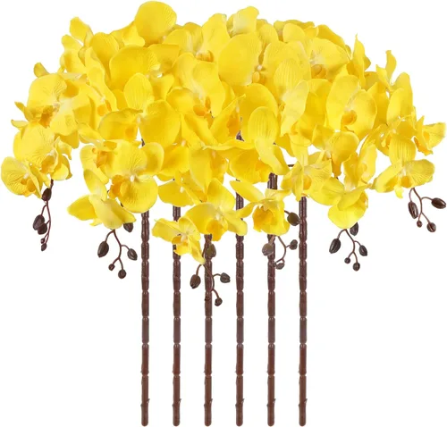 Vista 17 de Orquídeas artificiales de 38 pulgadas, 6 unidades, orquídeas falsas rosas, orquídeas de seda de terciopelo, flores artificiales de tallo largo