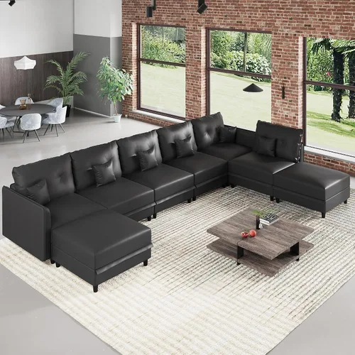 Vista 17 de LLappuil Sofá cama modular en forma de U de 6 plazas con almacenamiento, asiento profundo de piel sintética para sala de estar, impermeable y Negro