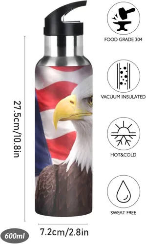 Vista 2 de Bald Eagle - Botella de agua con la bandera estadounidense para niños, termo con tapa con pajilla, termo de acero inoxidable aislado a prueba