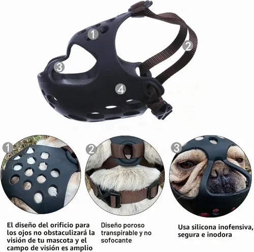 Vista 3 de Bozal corto para perro, de silicona suave, ajustable, transpirable, para morder, masticar, ladrar, entrenar, ideal para perros de cara plana